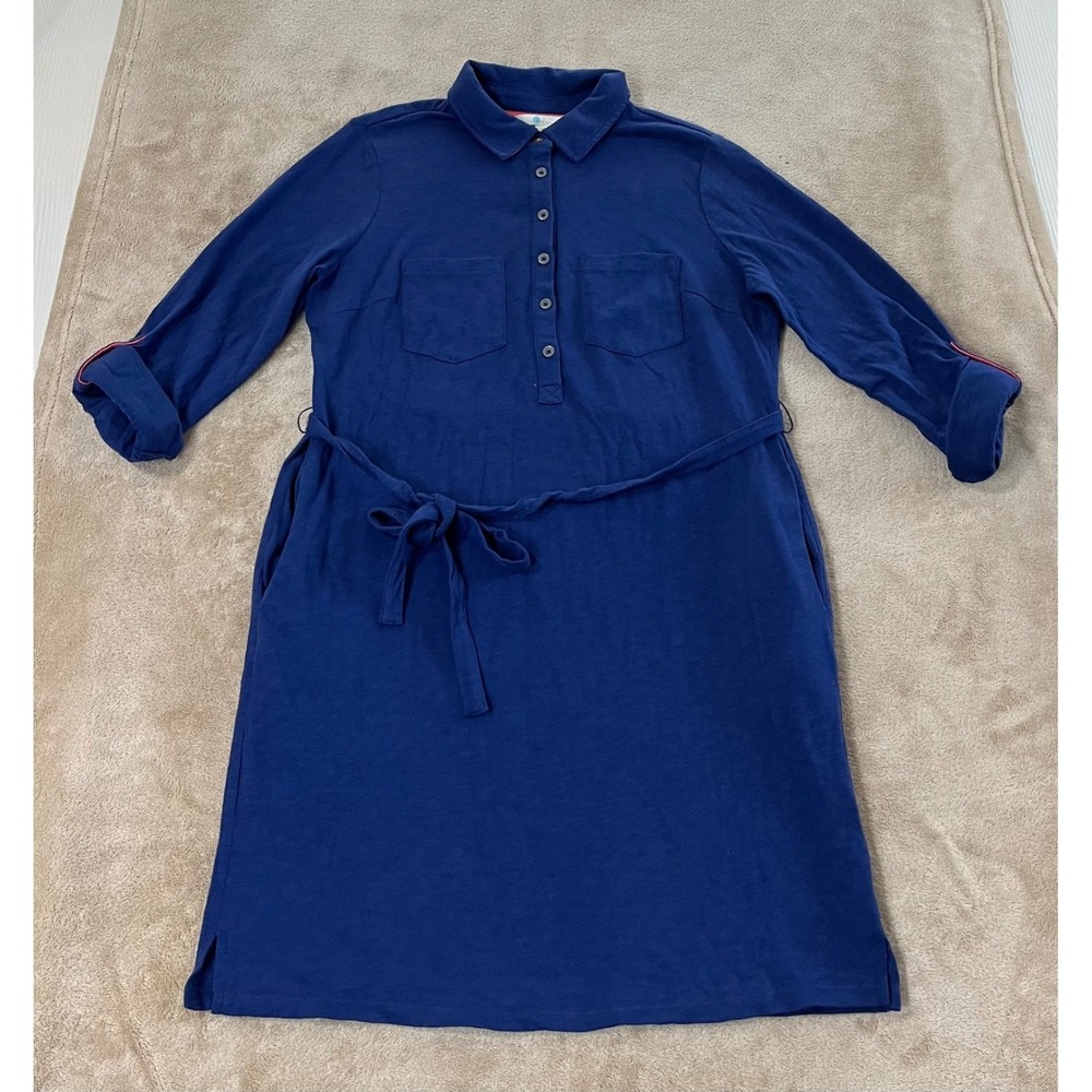 Boden Cotton Slub Jersey Belted Shirt Dress Women's 6P Navy Blue Long Sleeve EUC
